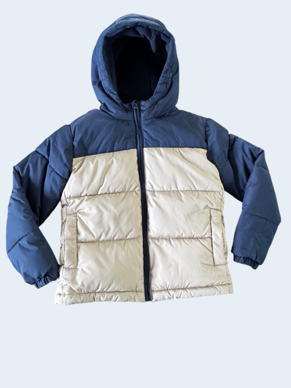 Old Navy Boys M 8 Puffer Jacket Hooded Blue Tan Colorblock Winter Coat - Picture 2 of 11